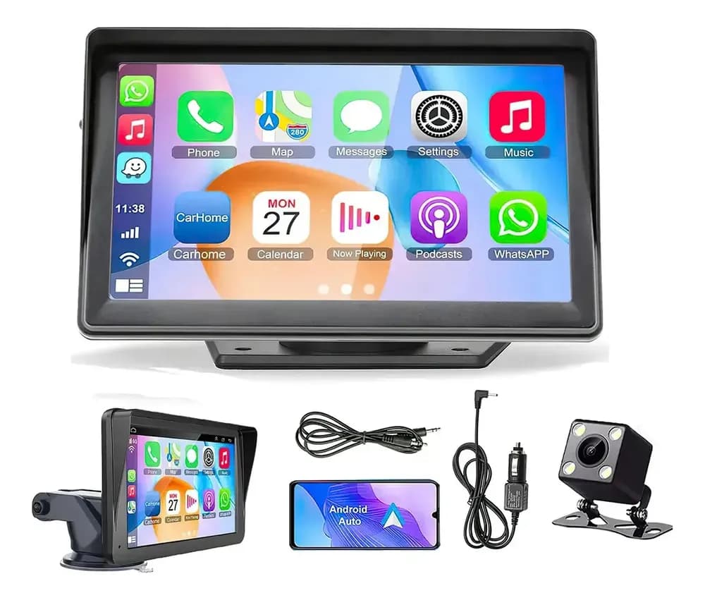Central Multimídia Portátil 7 Polegadas com CarPlay Android Auto Tela Removível Anti-Roubo Saída FM Câmera Ré AHD 170°