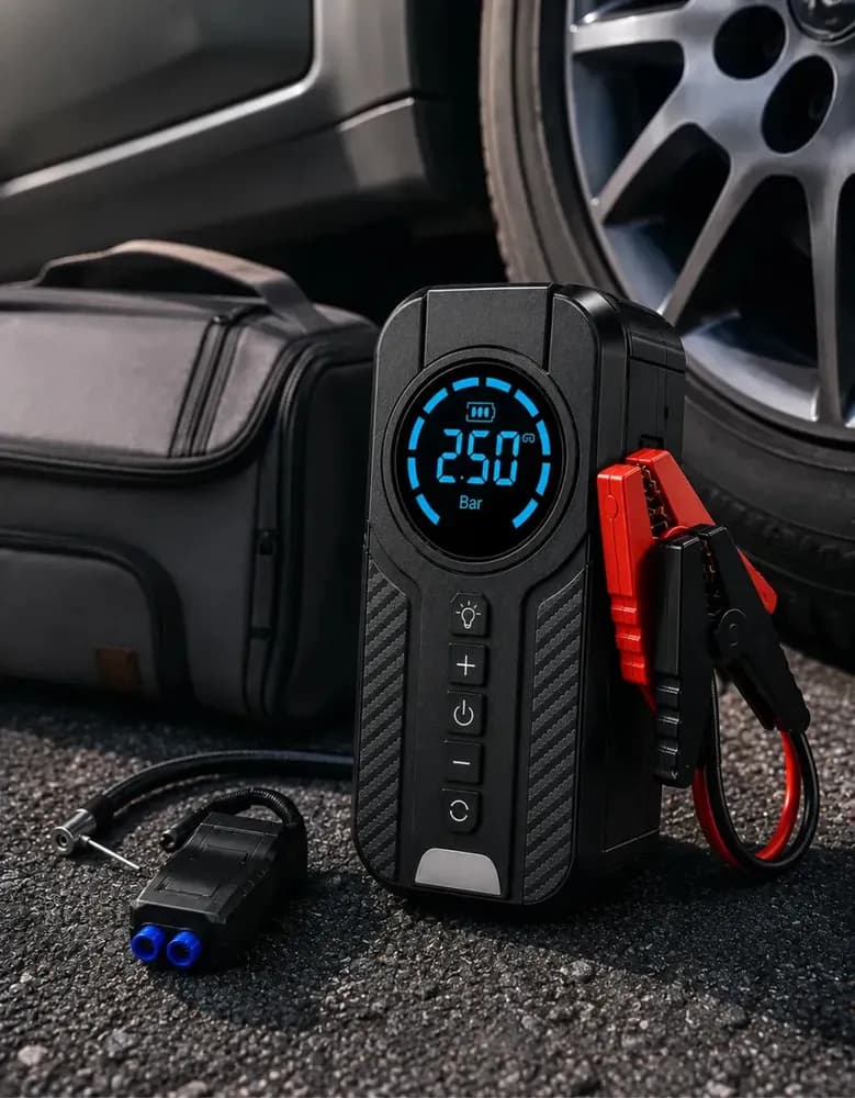 Auxiliar De Partida Para Carro Compressor De Ar Portátil 12V 4 funções em 1 Inflador Digital Calibrador De Pneu Power Bank Lanterna LED…