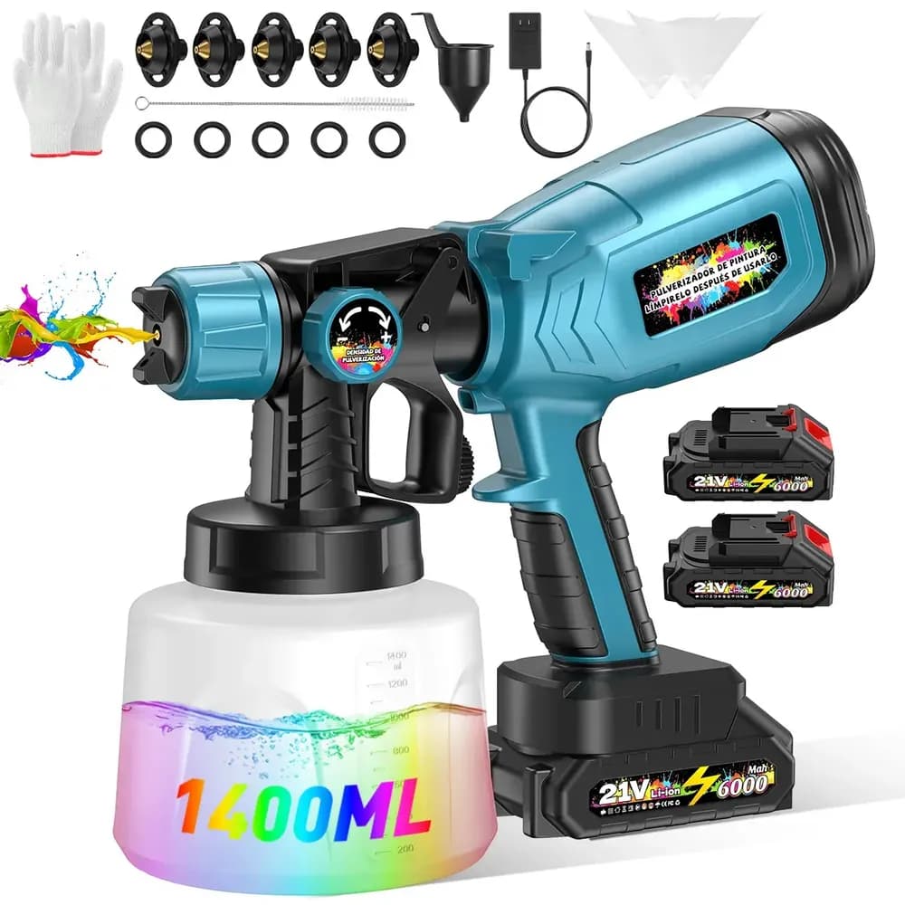 1500W Pistola De Pintura Elétrica Profissional 1400ML 2*6000mAh Bateria Portátil Pistola Pulverizador Hvlp De Tinta Con 6 Bicos 3 Modos…
