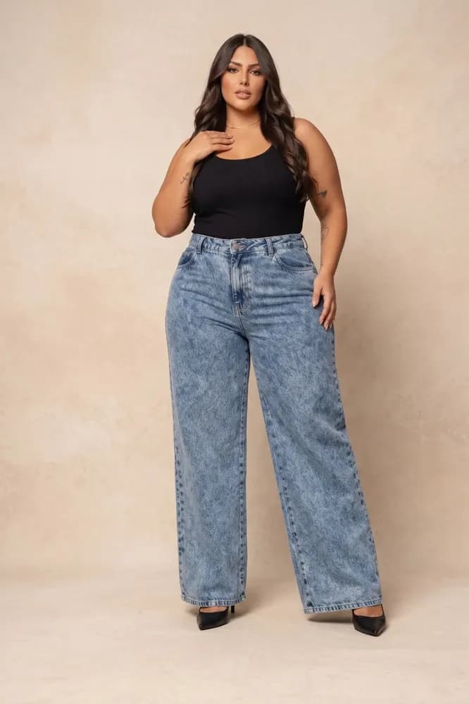Calça Jeans Wide Leg Feminina Plus Size Destroyed