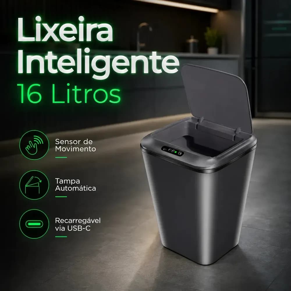 Lixeira Inteligente Automática 16l Com Sensor Infravermelho Recarregável Usb Sistema Anti Odor Tampa Touchless Para Banheiro Cozinha Cor…