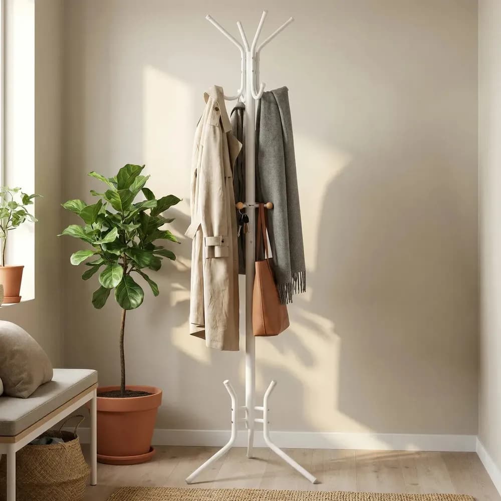 SONGMICS Cabideiro de Pé, Mancebo para Roupas de Aço,Suporte Independente,Ganchos para Chapéus e Bolsas, Branco Pérola